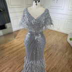 Luxury Arabic Red Mermaid Evening Dress with Feathers Beaded