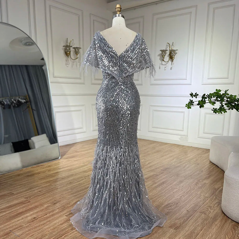 Luxury Arabic Red Mermaid Evening Dress with Feathers Beaded