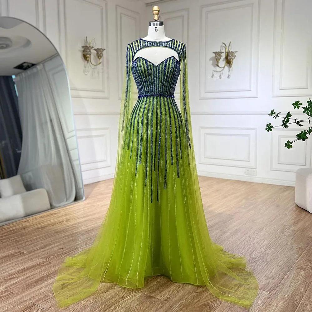 Serene Hill 2024 Arabic Fuchsia Cape Sleeves A Line Beaded Evening Dresses Long Celebrity Gowns for Woman Wedding Party LA72433