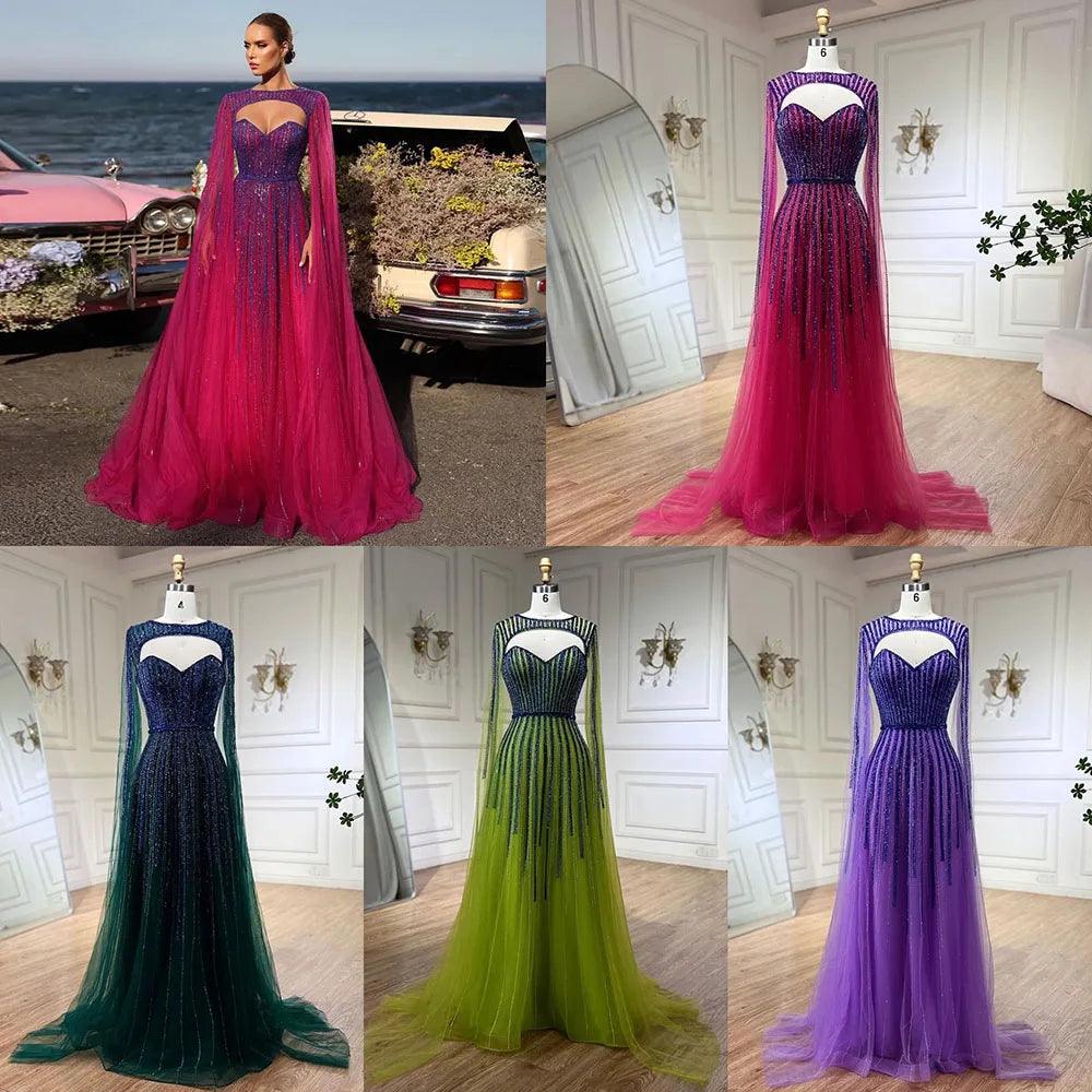 Serene Hill 2024 Arabic Fuchsia Cape Sleeves A Line Beaded Evening Dresses Long Celebrity Gowns for Woman Wedding Party LA72433
