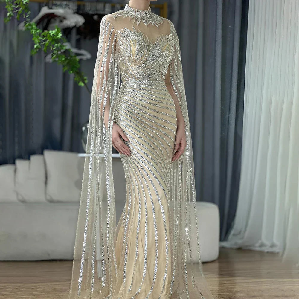 Luxury Dubai  Arabic Nude Mermaid Long Evening Dresses  With Cape