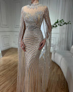 Luxury Dubai  Arabic Nude Mermaid Long Evening Dresses  With Cape