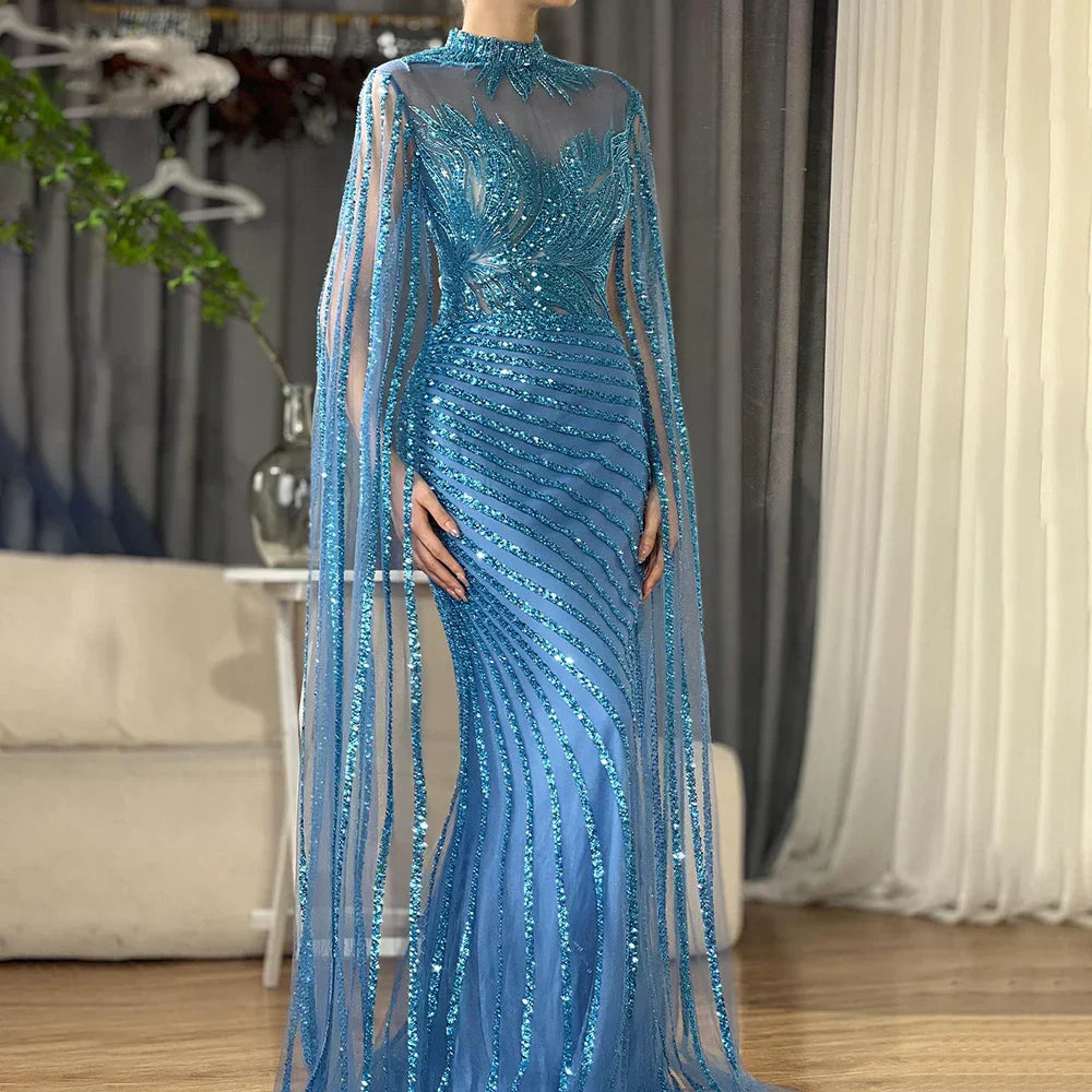 Luxury Dubai  Arabic Nude Mermaid Long Evening Dresses  With Cape