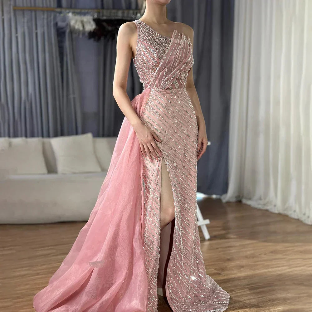 Luxury Dubai &nbsp;Blue One Shoulder Split Saudi Evening Gown with Beaded Side Overskirt Dress for Formal Occasion&nbsp;