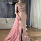 Luxury Dubai &nbsp;Blue One Shoulder Split Saudi Evening Gown with Beaded Side Overskirt Dress for Formal Occasion&nbsp;