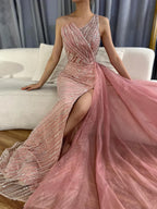Luxury Dubai &nbsp;Blue One Shoulder Split Saudi Evening Gown with Beaded Side Overskirt Dress for Formal Occasion&nbsp;