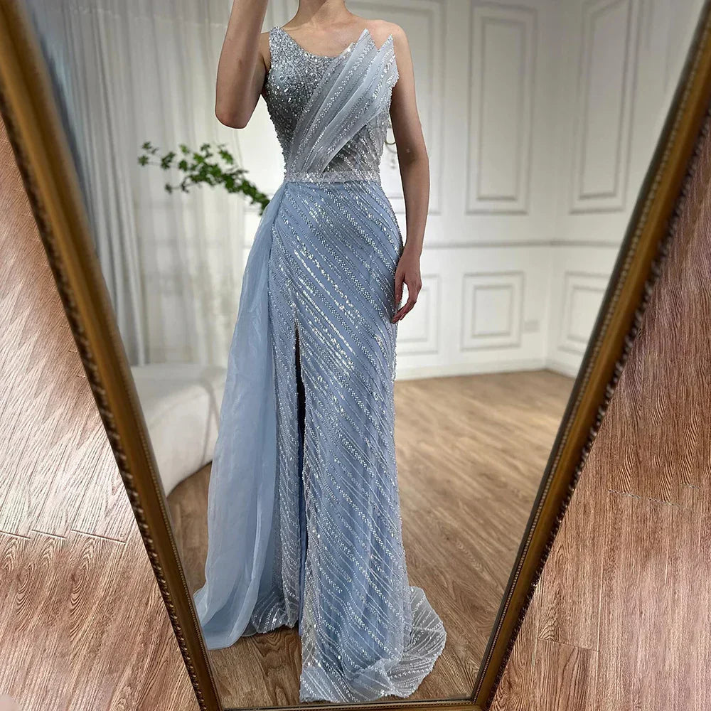 Luxury Dubai &nbsp;Blue One Shoulder Split Saudi Evening Gown with Beaded Side Overskirt Dress for Formal Occasion&nbsp;
