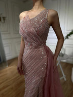 Luxury Dubai &nbsp;Blue One Shoulder Split Saudi Evening Gown with Beaded Side Overskirt Dress for Formal Occasion&nbsp;