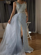 Luxury Dubai &nbsp;Blue One Shoulder Split Saudi Evening Gown with Beaded Side Overskirt Dress for Formal Occasion&nbsp;