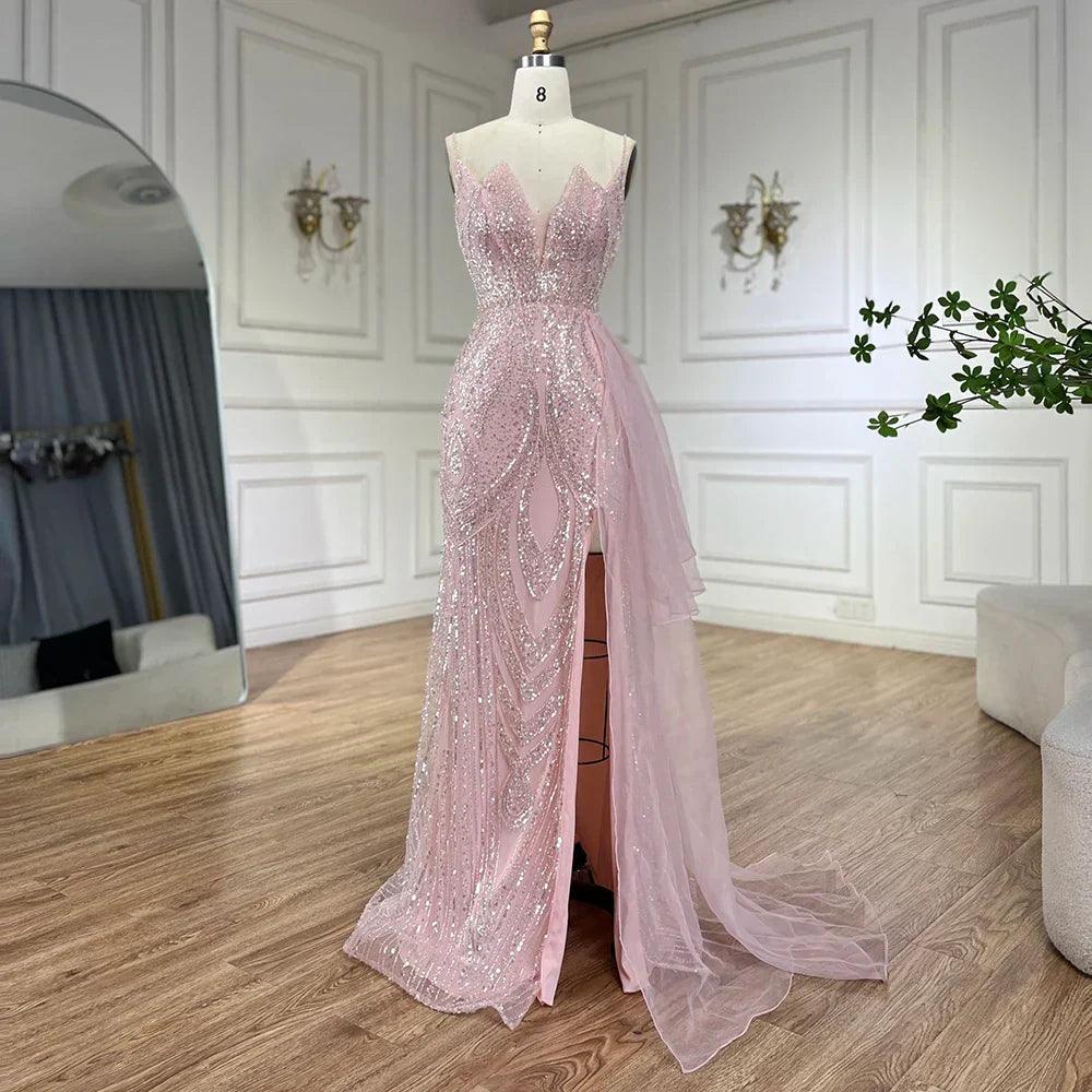 Light Pink Spaghetti Strap Mermaid Evening Dress with Beaded Overskirt