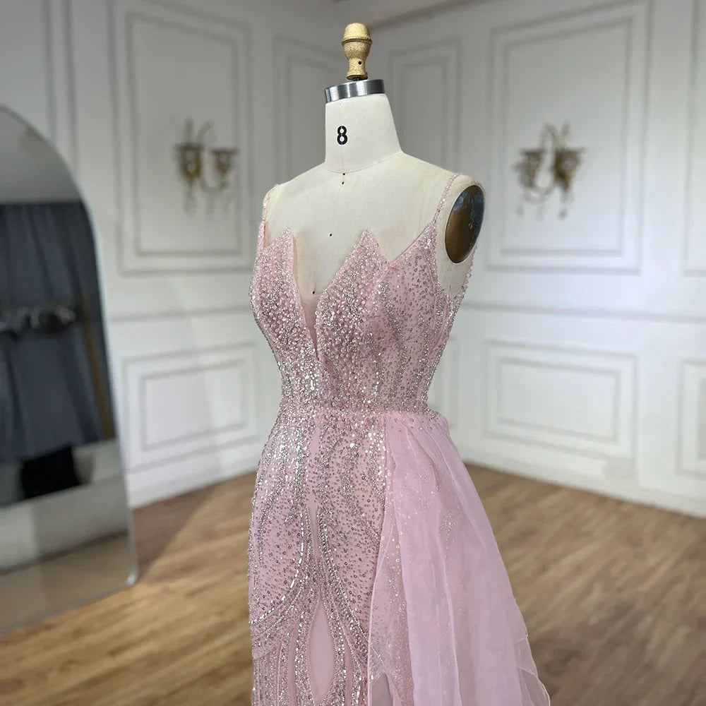 Light Pink Spaghetti Strap Mermaid Evening Dress with Beaded Overskirt