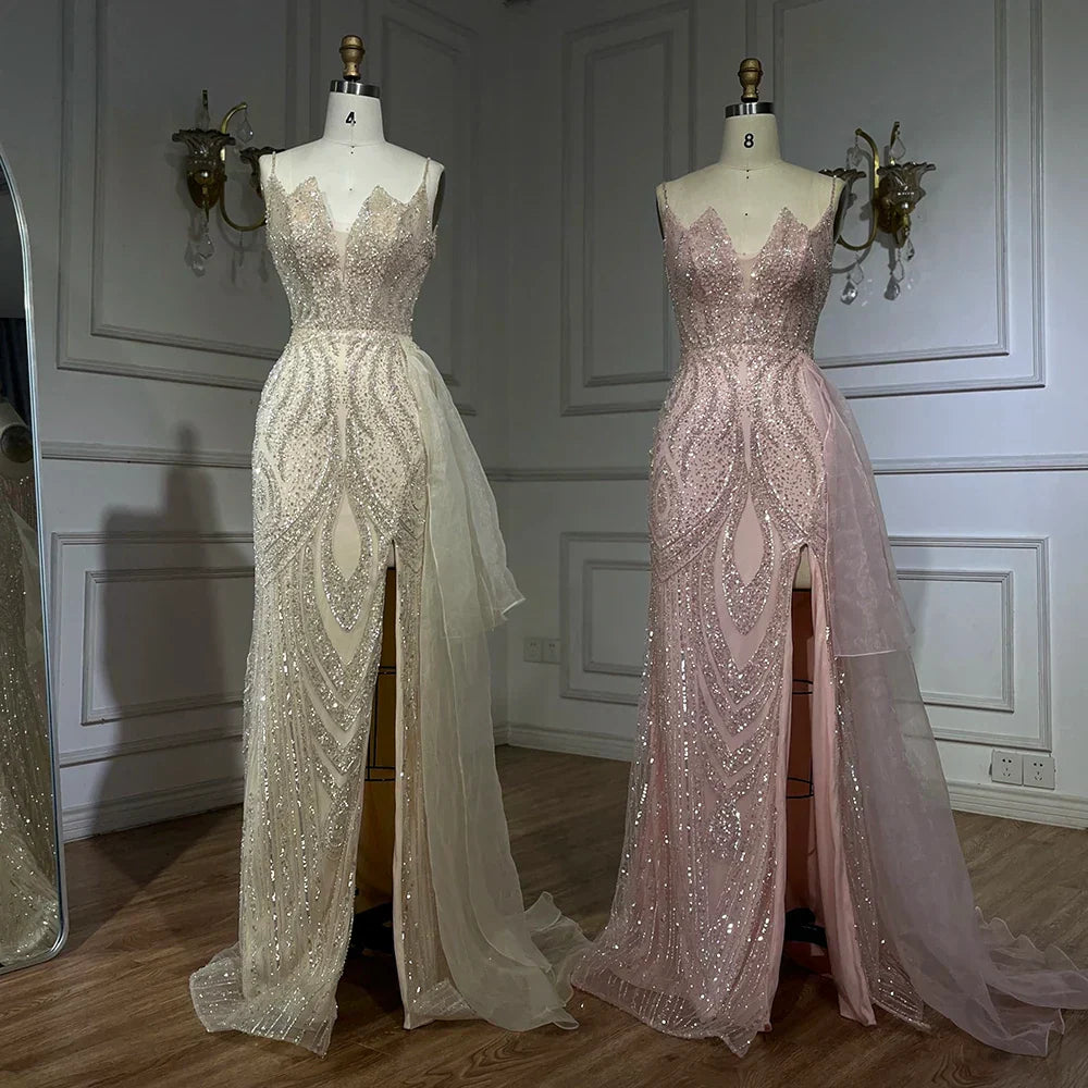 Light Pink Spaghetti Strap Mermaid Evening Dress with Beaded Overskirt