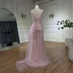 Light Pink Spaghetti Strap Mermaid Evening Dress with Beaded Overskirt