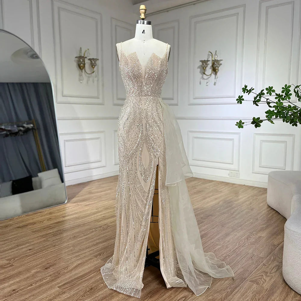 Light Pink Spaghetti Strap Mermaid Evening Dress with Beaded Overskirt