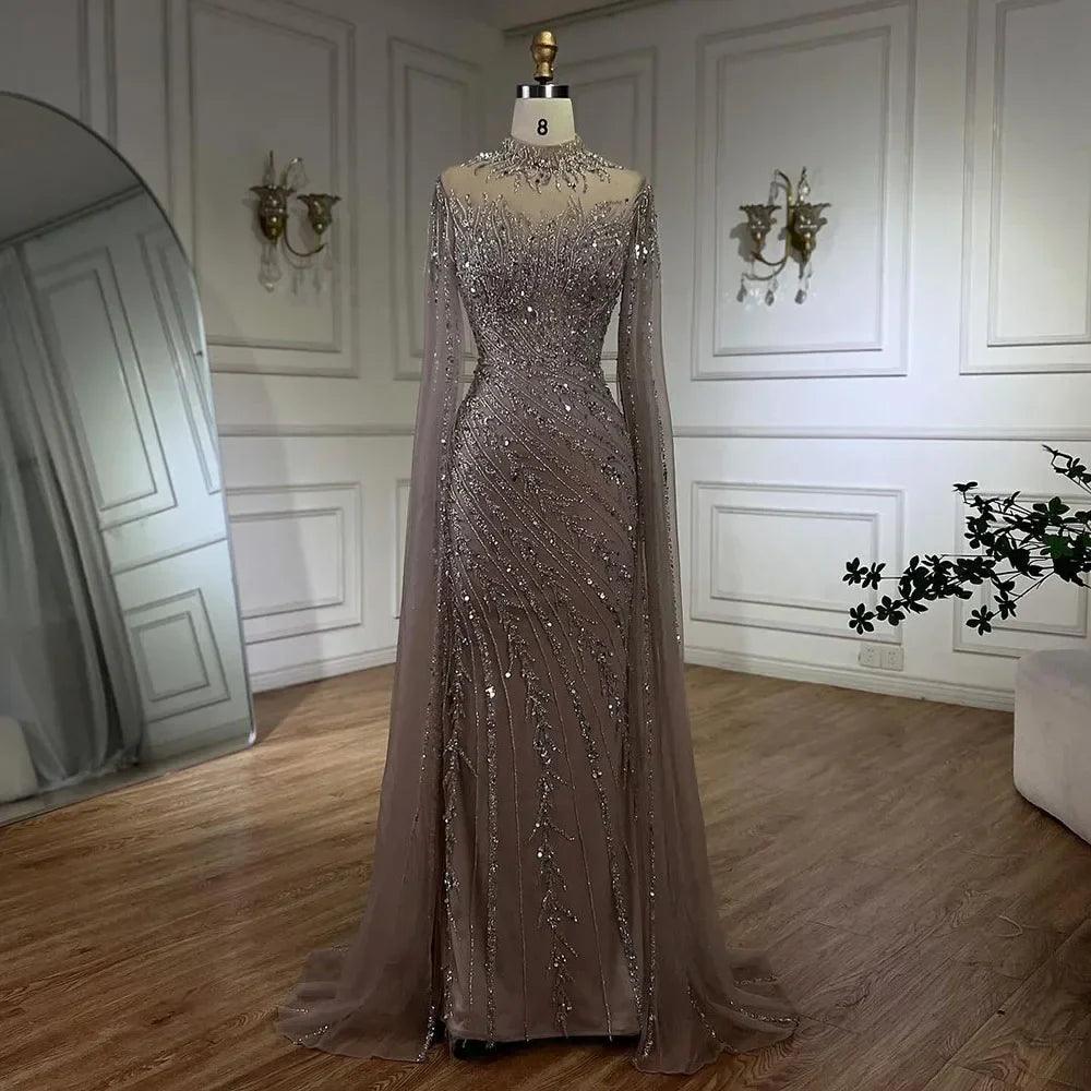Serene Hill Nude Cape Sleeves Mermaid Lace Beaded Luxury Dubai Long Evening Dresses Gowns for Women Wedding Party LA71885A