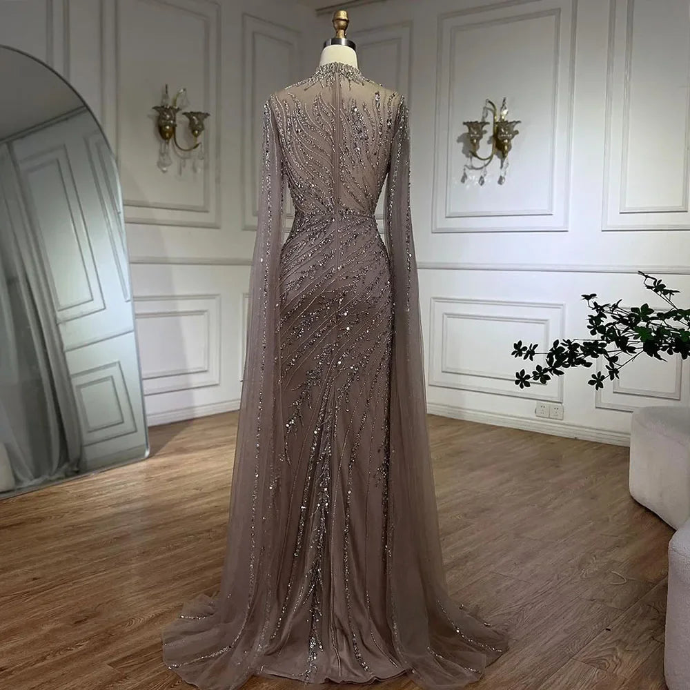 Luxury Nude Mermaid Evening Dress with Cape Sleeves
