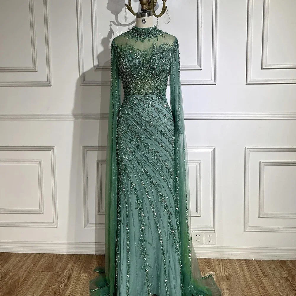 Luxury Nude Mermaid Evening Dress with Cape Sleeves