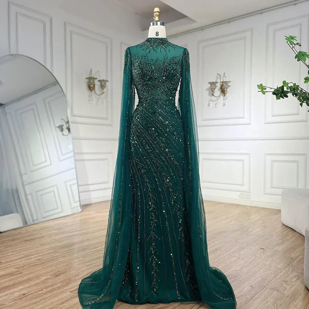 Luxury Nude Mermaid Evening Dress with Cape Sleeves