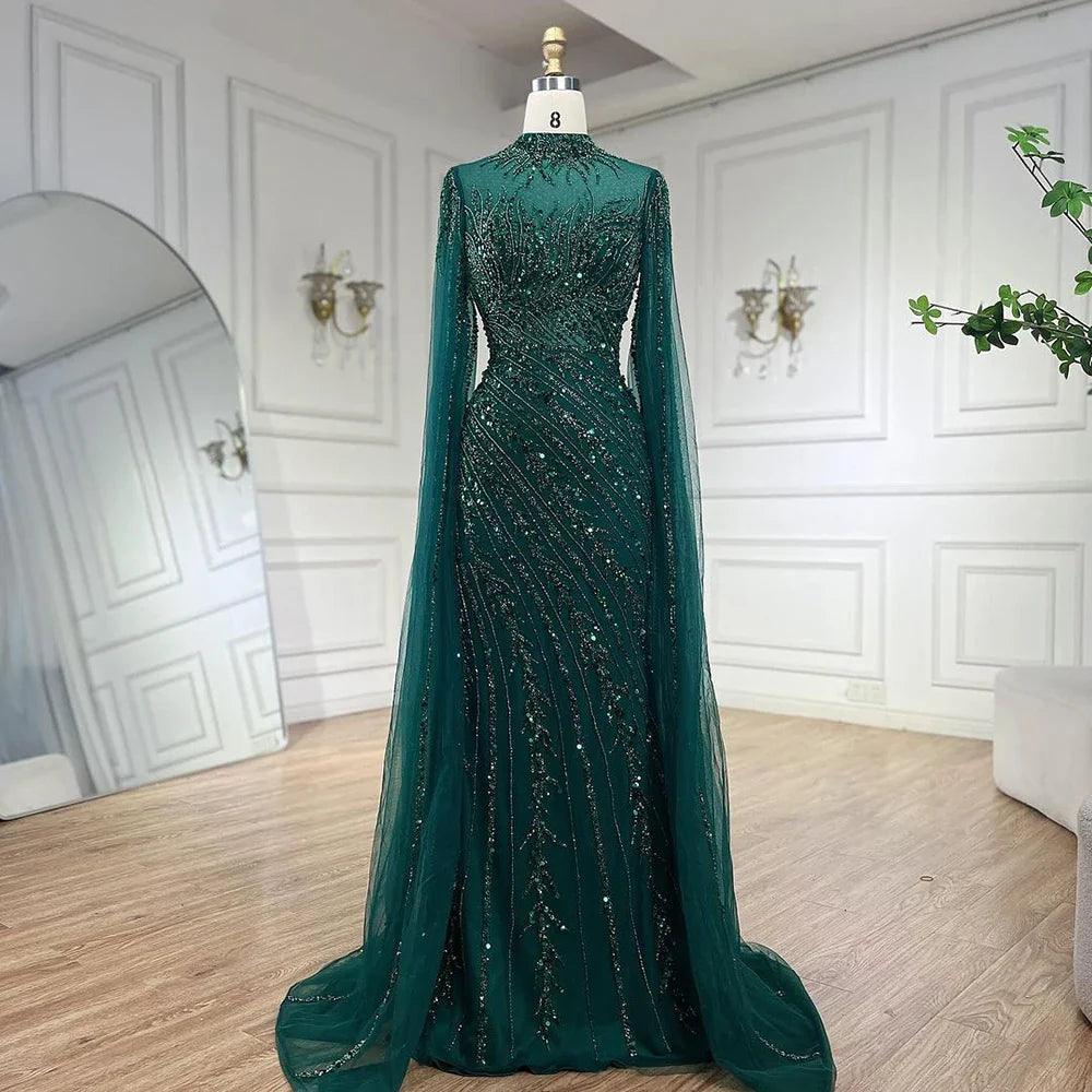 Serene Hill Nude Cape Sleeves Mermaid Lace Beaded Luxury Dubai Long Evening Dresses Gowns for Women Wedding Party LA71885A