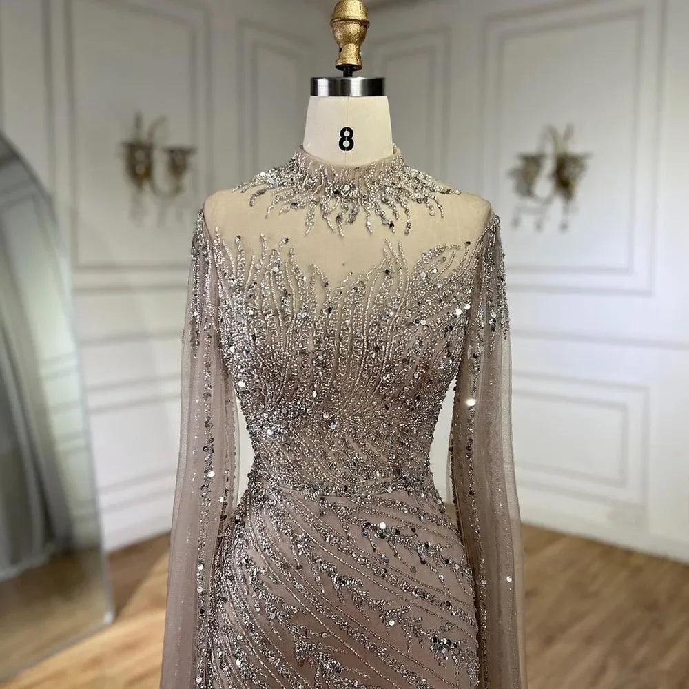 Serene Hill Nude Cape Sleeves Mermaid Lace Beaded Luxury Dubai Long Evening Dresses Gowns for Women Wedding Party LA71885A