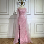 Serene Hill &nbsp;Pink Cape Sleeves Dubai Evening Gown Mermaid with Side Skirt Feathers Beaded Dress for Women's Party