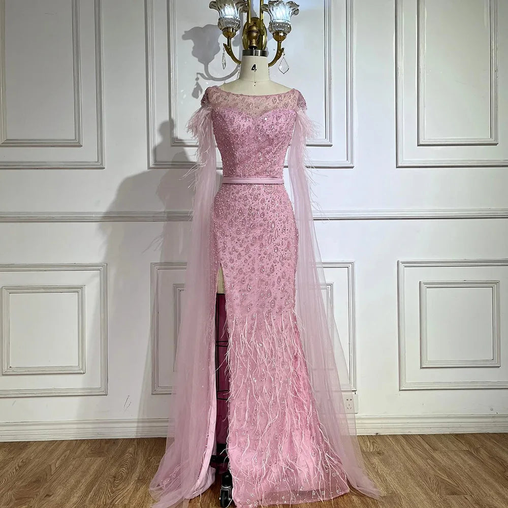 Serene Hill &nbsp;Pink Cape Sleeves Dubai Evening Gown Mermaid with Side Skirt Feathers Beaded Dress for Women's Party