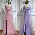 Serene Hill &nbsp;Pink Cape Sleeves Dubai Evening Gown Mermaid with Side Skirt Feathers Beaded Dress for Women's Party