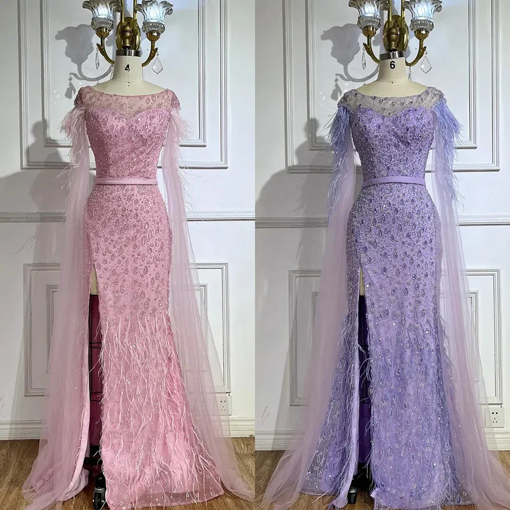 Serene Hill &nbsp;Pink Cape Sleeves Dubai Evening Gown Mermaid with Side Skirt Feathers Beaded Dress for Women's Party