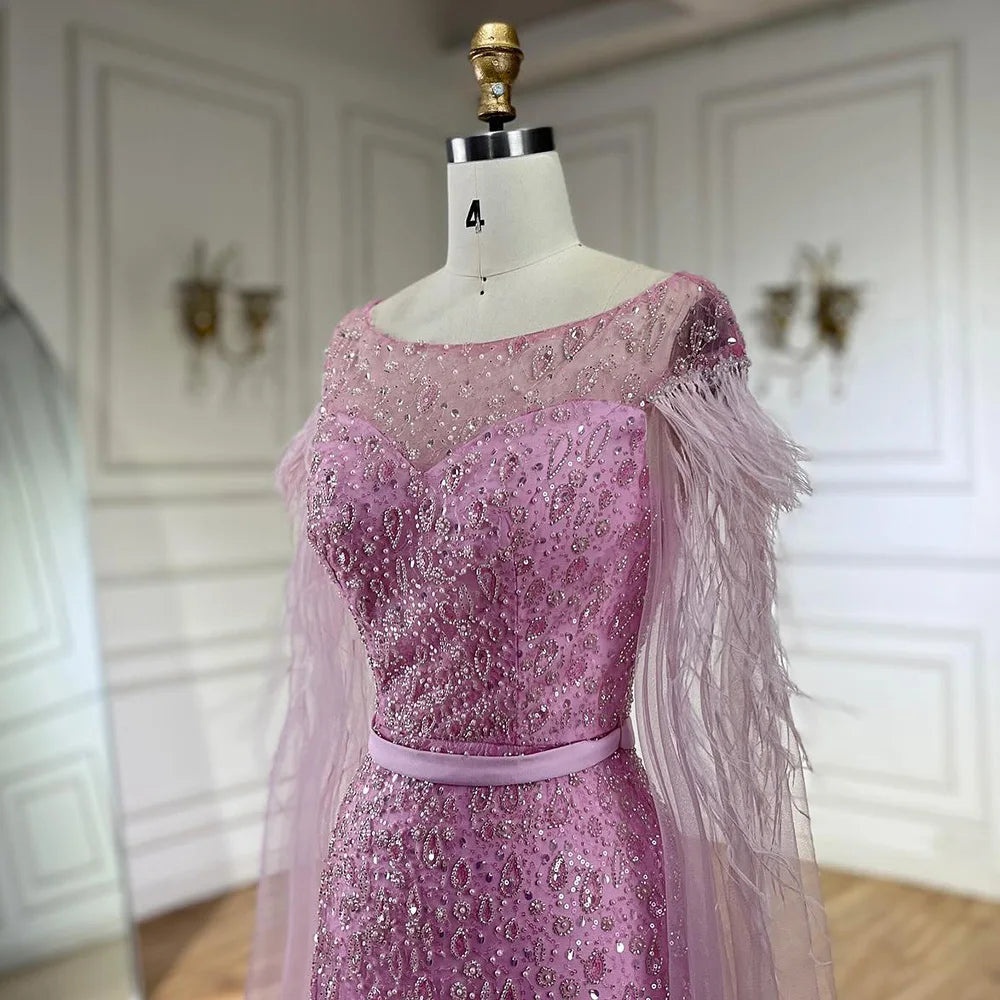 Serene Hill &nbsp;Pink Cape Sleeves Dubai Evening Gown Mermaid with Side Skirt Feathers Beaded Dress for Women's Party