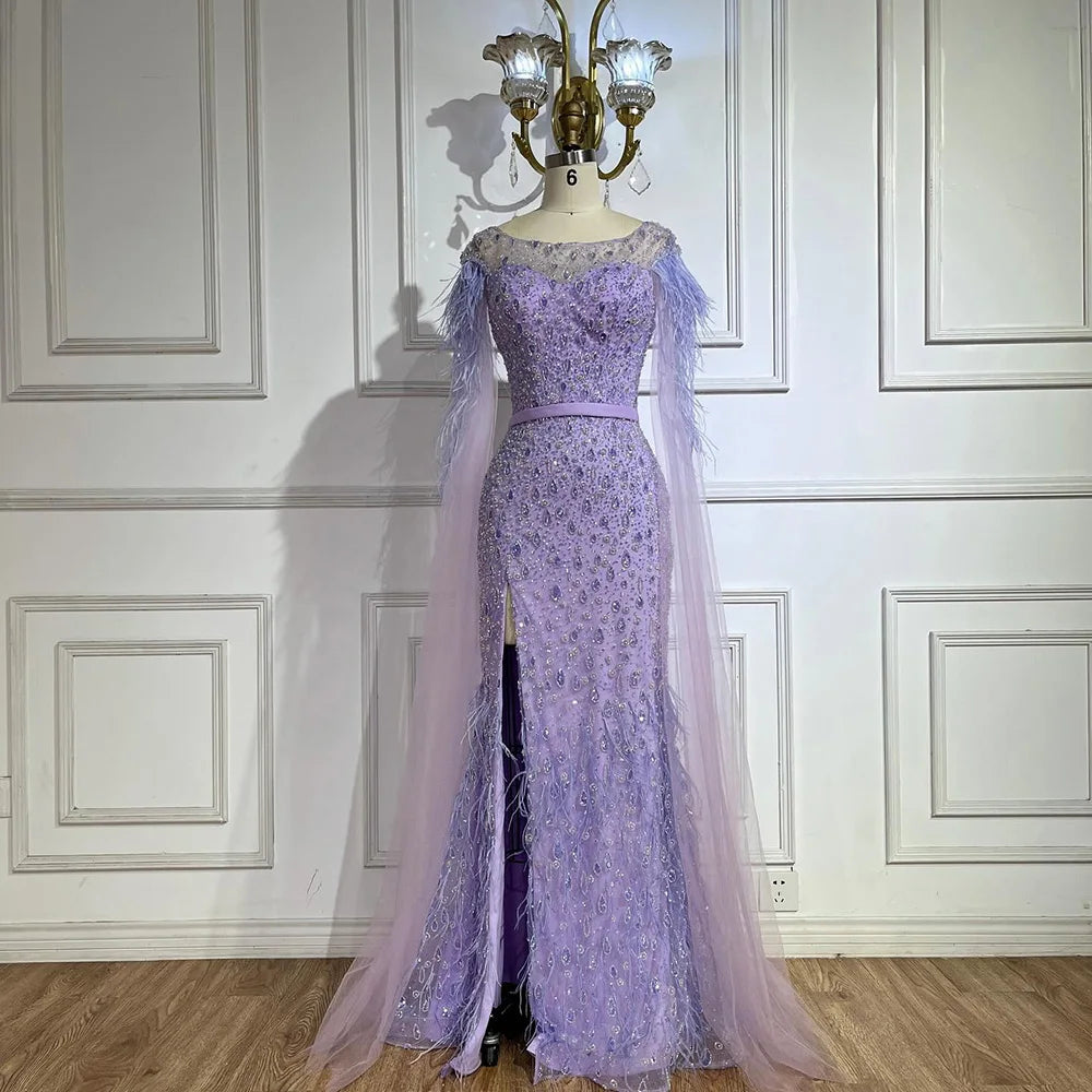 Serene Hill &nbsp;Pink Cape Sleeves Dubai Evening Gown Mermaid with Side Skirt Feathers Beaded Dress for Women's Party