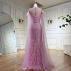 Serene Hill &nbsp;Pink Cape Sleeves Dubai Evening Gown Mermaid with Side Skirt Feathers Beaded Dress for Women's Party
