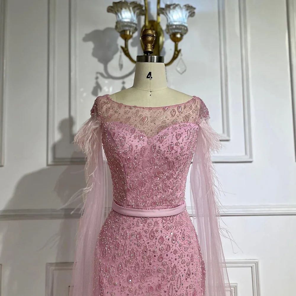 Serene Hill &nbsp;Pink Cape Sleeves Dubai Evening Gown Mermaid with Side Skirt Feathers Beaded Dress for Women's Party