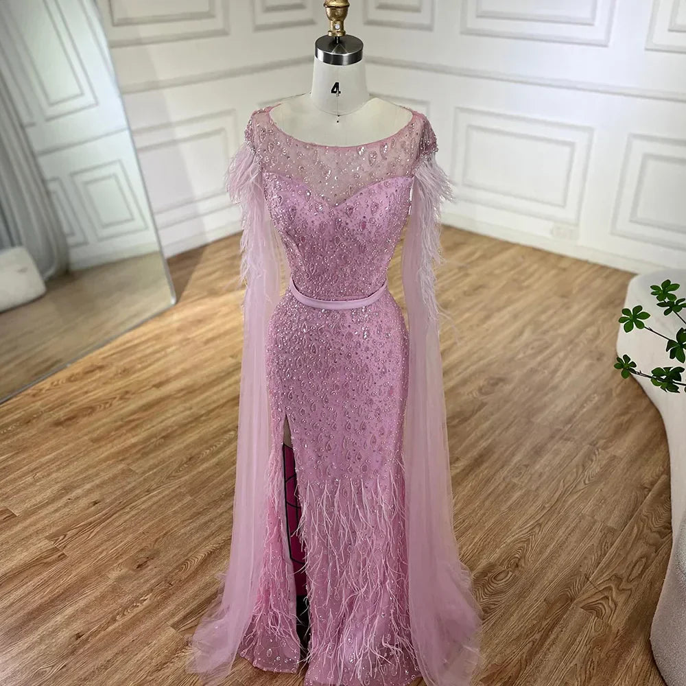 Serene Hill &nbsp;Pink Cape Sleeves Dubai Evening Gown Mermaid with Side Skirt Feathers Beaded Dress for Women's Party