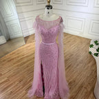 Serene Hill &nbsp;Pink Cape Sleeves Dubai Evening Gown Mermaid with Side Skirt Feathers Beaded Dress for Women's Party