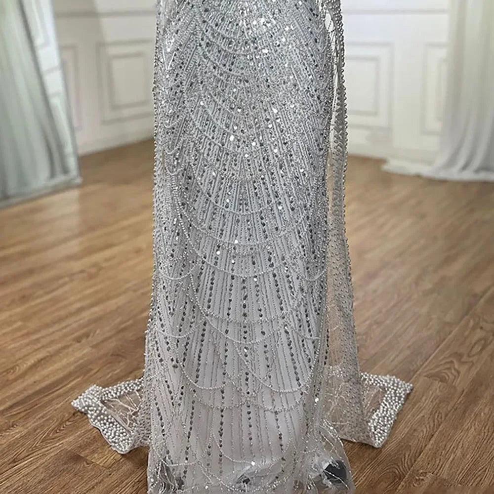 Serene Hill Saudi Arabia Blue Mermaid Cape Sleeve Luxury Beaded Evening Gown for Formal Occasion LA72160A