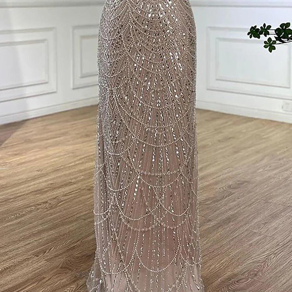 Serene Hill Saudi Arabia Blue Mermaid Cape Sleeve Luxury Beaded Evening Gown for Formal Occasion LA72160A
