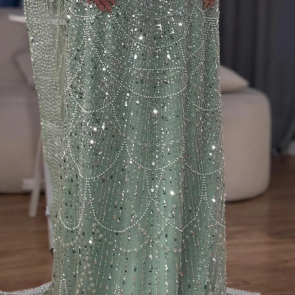 Serene Hill Saudi Arabia Blue Mermaid Cape Sleeve Luxury Beaded Evening Gown for Formal Occasion LA72160A