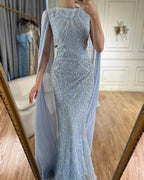 Serene Hill Saudi Arabia Blue Mermaid Cape Sleeve Luxury Beaded Evening Gown for Formal Occasion LA72160A