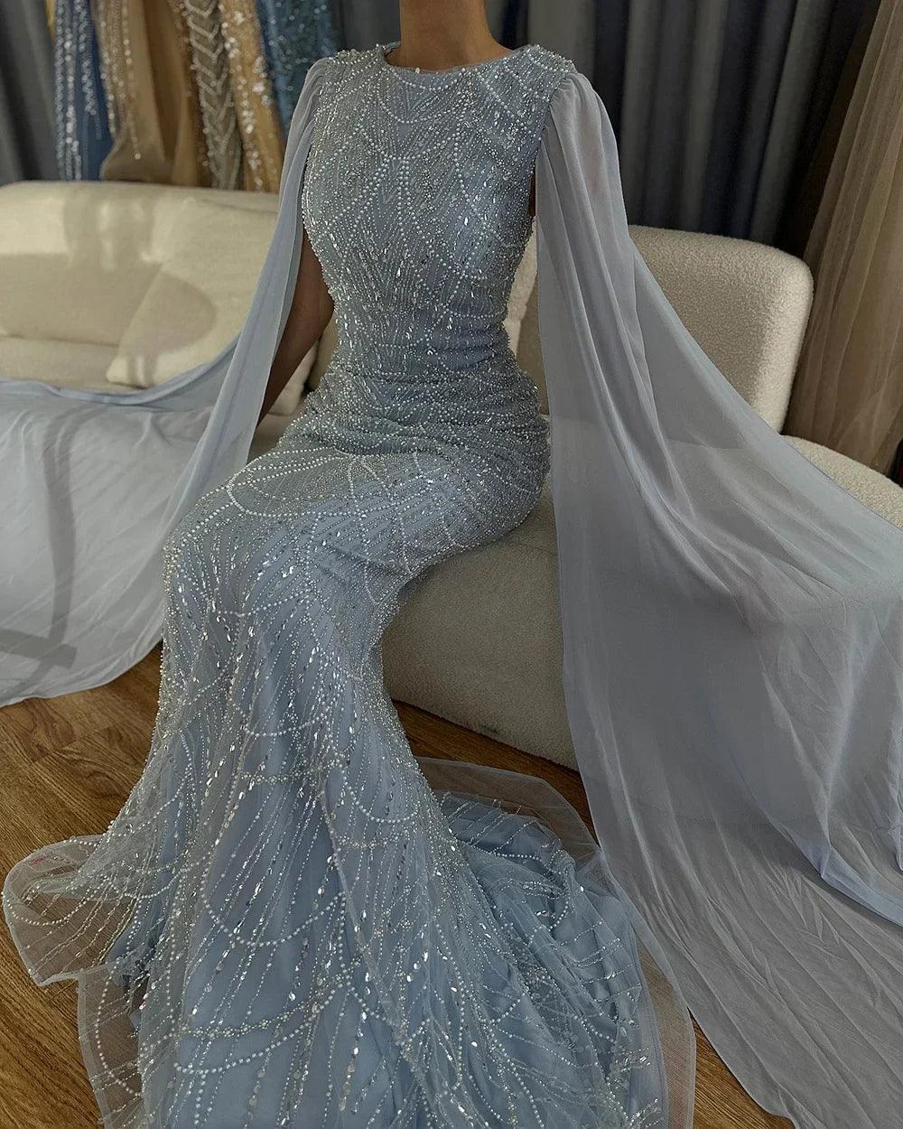 Serene Hill Saudi Arabia Blue Mermaid Cape Sleeve Luxury Beaded Evening Gown for Formal Occasion LA72160A