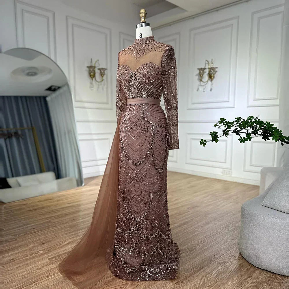 Luxury Brown Beaded Mermaid Evening Dress with Side Overskirt