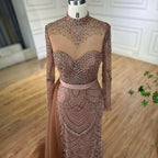 Luxury Brown Beaded Mermaid Evening Dress with Side Overskirt