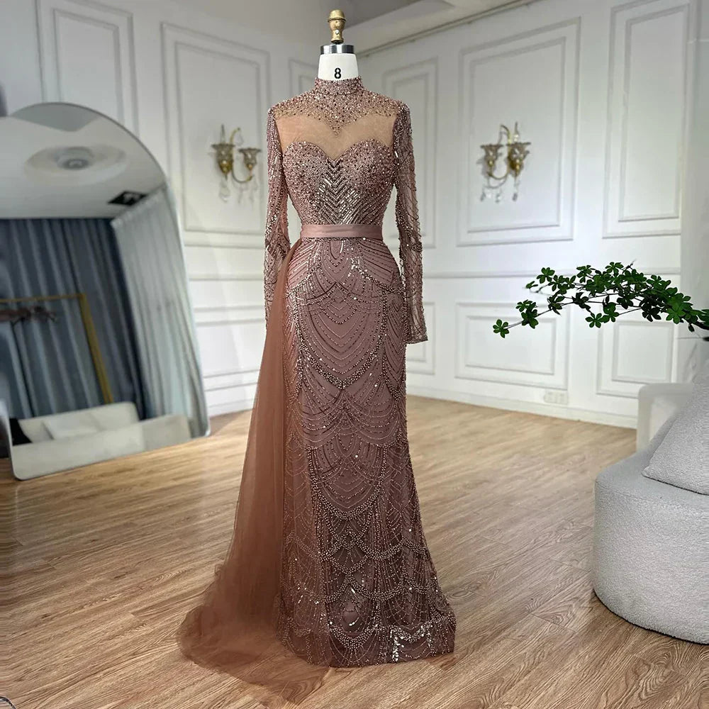 Luxury Brown Beaded Mermaid Evening Dress with Side Overskirt