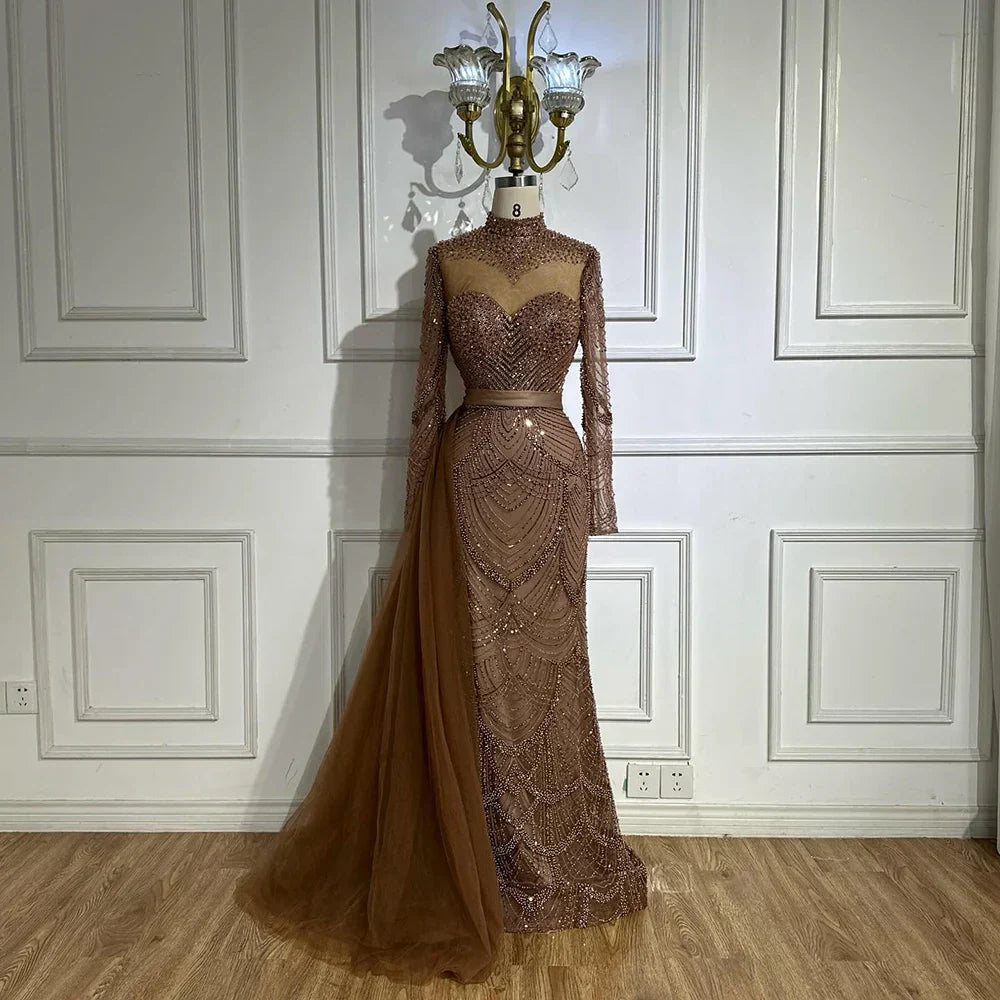 Luxury Brown Beaded Mermaid Evening Dress with Side Overskirt