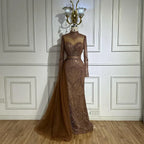 Luxury Brown Beaded Mermaid Evening Dress with Side Overskirt