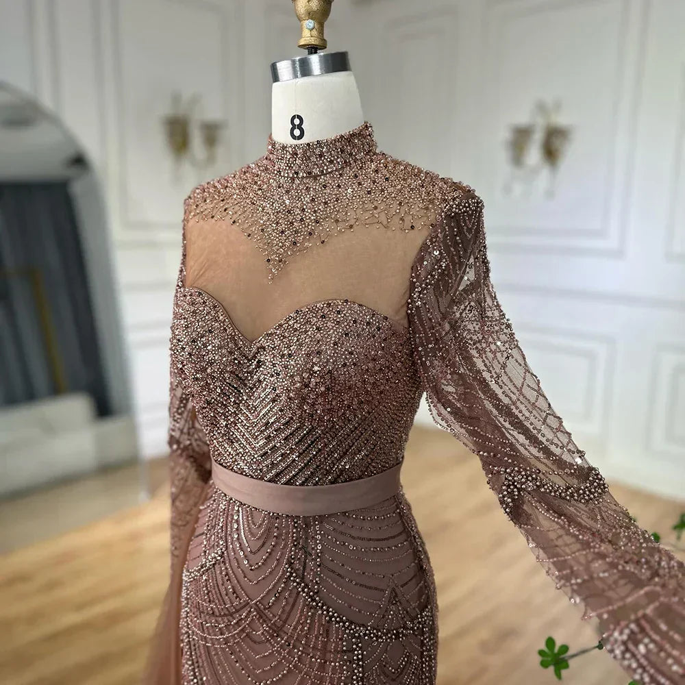Luxury Brown Beaded Mermaid Evening Dress with Side Overskirt