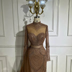 Luxury Brown Beaded Mermaid Evening Dress with Side Overskirt