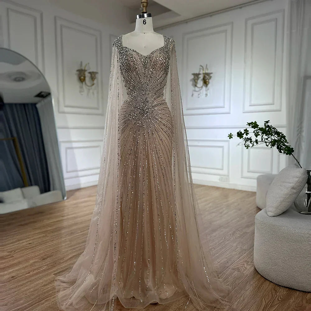 Dubai Luxury Nude Cape Sleeves Beaded Evening Dress LA72575A