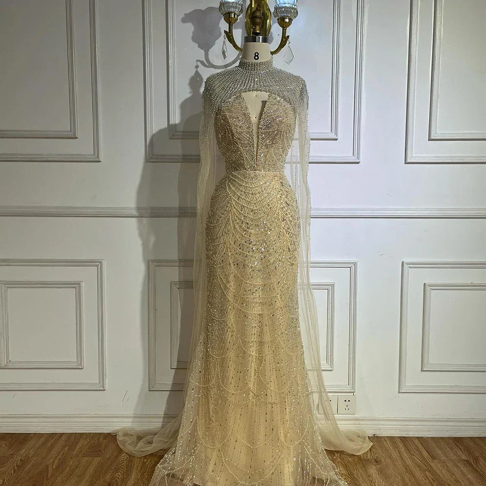 Luxury Evening Dress Nude Pearls Beaded Gown With Tulle Train