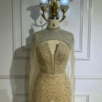 Luxury Evening Dress Nude Pearls Beaded Gown With Tulle Train