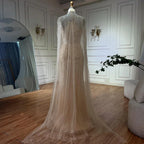 Luxury Evening Dress Nude Pearls Beaded Gown With Tulle Train